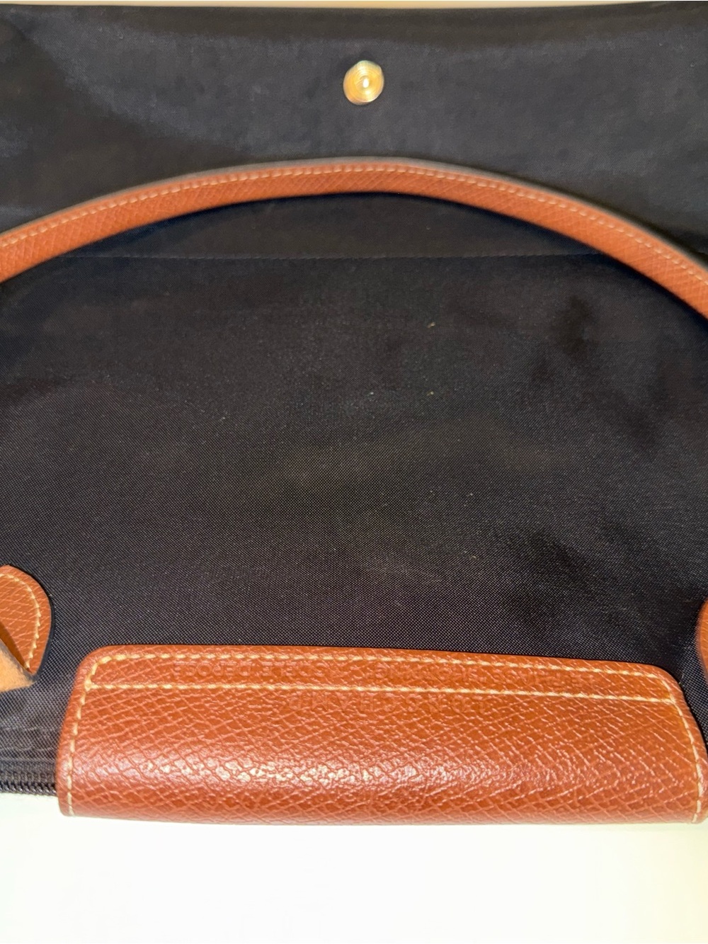 Longchamp Le Pliage Large Black Tote with Brown Leather Flap and Handle - Picture 5 of 10